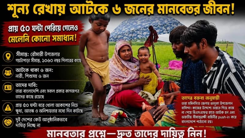 রৌমারী সীমান্তের শূন্যরেখায় ৬ বাংলাদেশির মানবিক সংকট, ৫০ ঘণ্টা ধরে অনিশ্চয়তায় রৌমারী সীমান্তের শূন্যরেখায় ৬ বাংলাদেশির মানবিক সংকট, ৫০ ঘণ্টা ধরে অনিশ্চয়তায়